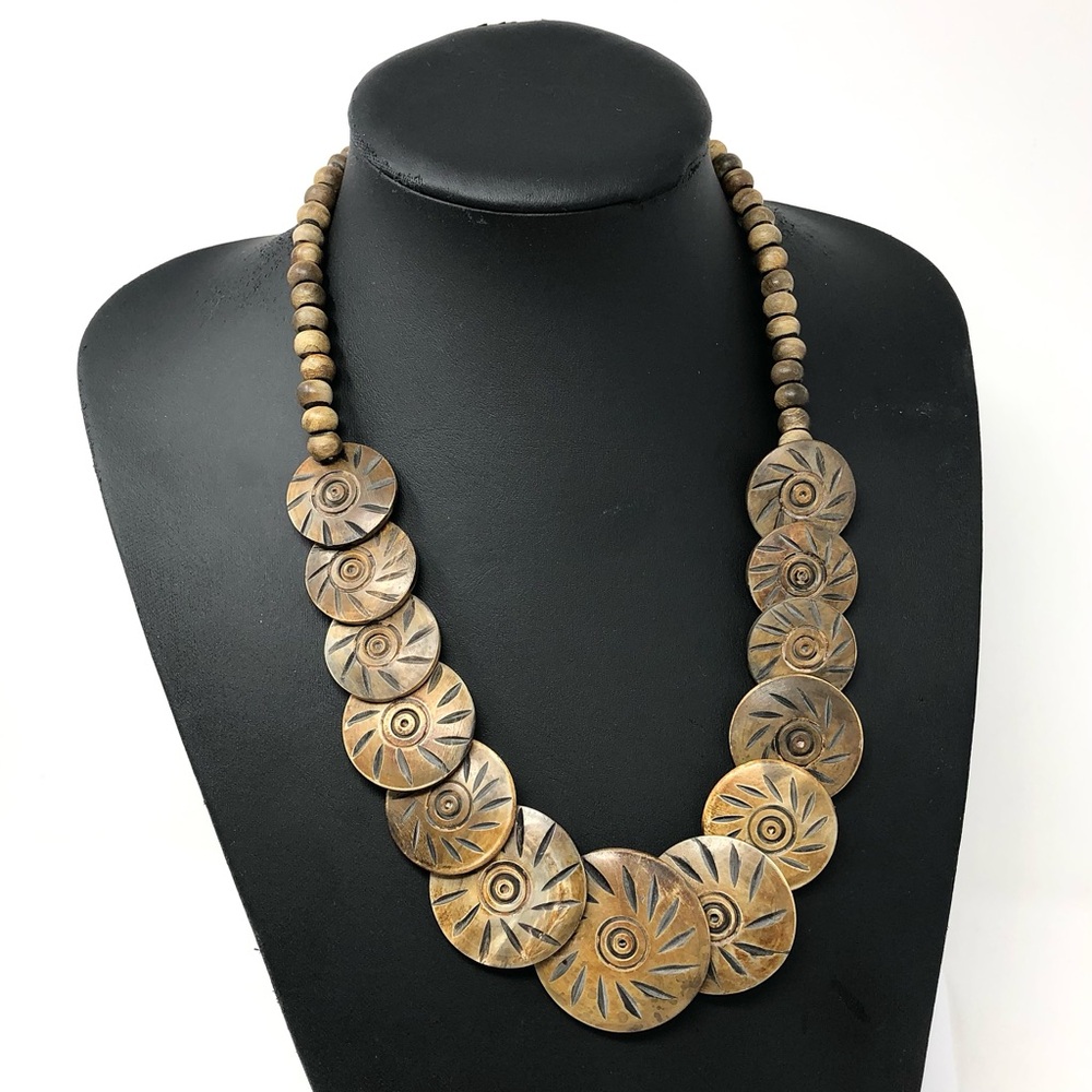 Tribal-inspired wood engraved discs and bead necklace